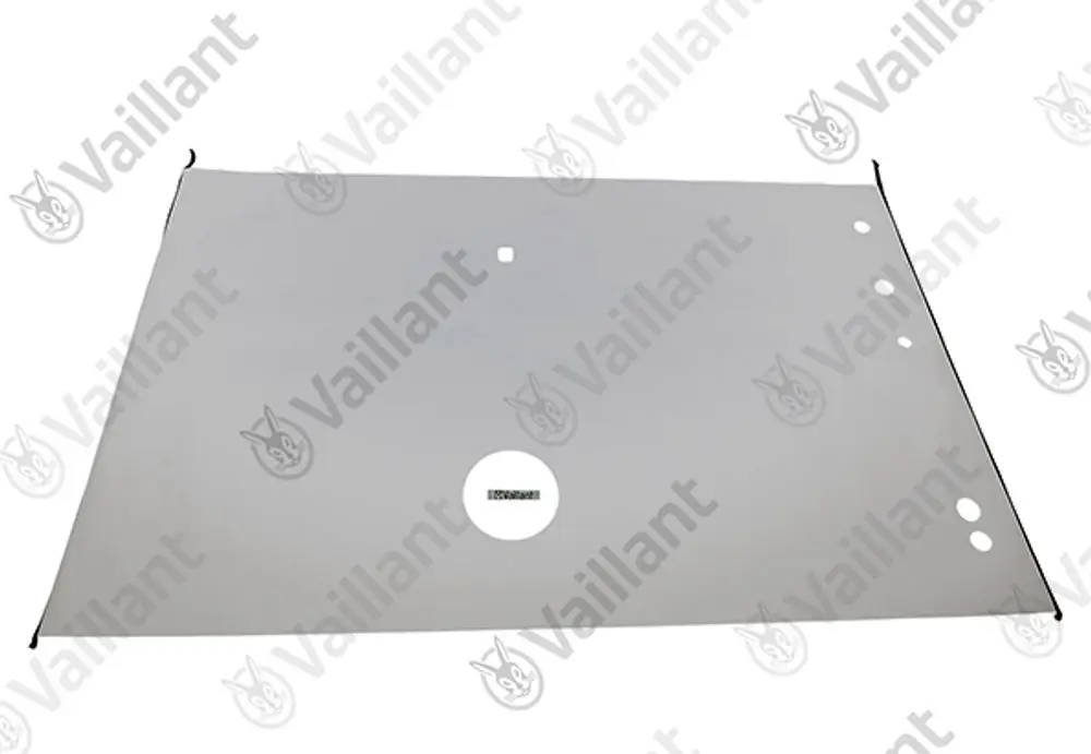 Vaillant Metallplatte, grau, mit mehreren Bohrungen und einem runden Ausschnitt in der Mitte, geeignet für Heizungsinstallationen oder als Abdeckung.